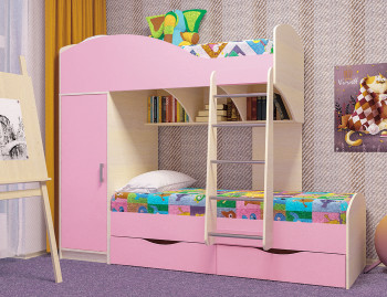 Кровать детская Жемчужина двухместная 1.8 Дуб молочный/Розовый в Оби - ob.mebel54.com | фото