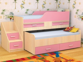 Кровать детская Лесики двухместная 1.8  Дуб молочный/Розовый в Оби - ob.mebel54.com | фото