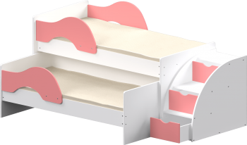 Кровать детская Матрешка выкатная с лестницей  Белый/Розовый в Оби - ob.mebel54.com | фото