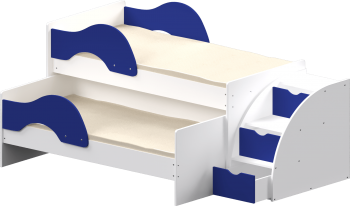 Кровать детская Матрешка выкатная с лестницей Белый/Синий в Оби - ob.mebel54.com | фото