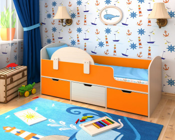 Кровать Малыш-мини с бортиком Дуб молочный/Оранжевый в Оби - ob.mebel54.com | фото
