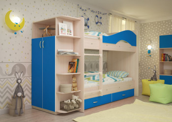 Кровать Мая двухъярусная с ящиками и шкафом Млечный дуб/Голубой в Оби - ob.mebel54.com | фото
