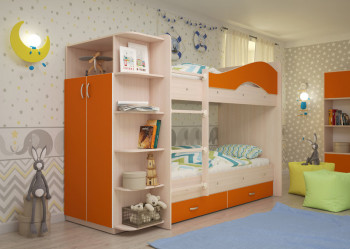 Кровать Мая двухъярусная с ящиками и шкафом Млечный дуб/Оранжевый в Оби - ob.mebel54.com | фото