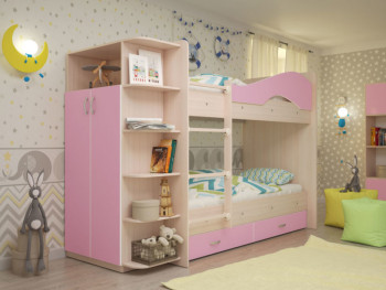 Кровать Мая двухъярусная с ящиками и шкафом Млечный дуб/Розовый в Оби - ob.mebel54.com | фото