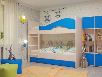Кровать Мая двухъярусная с ящикамиМлечный дуб/Голубой в Оби - ob.mebel54.com | фото