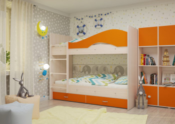 Кровать Мая двухъярусная с ящикамиМлечный дуб/Оранжевый в Оби - ob.mebel54.com | фото