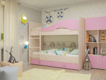 Кровать Мая двухъярусная с ящикамиМлечный дуб/Розовый в Оби - ob.mebel54.com | фото