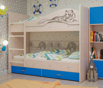 Кровать Мая-Сафари двухъярусная с ящикамиМлечный дуб/Голубой в Оби - ob.mebel54.com | фото