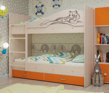 Кровать Мая-Сафари двухъярусная с ящикамиМлечный дуб/Оранжевый в Оби - ob.mebel54.com | фото
