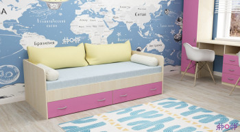 Кровать с выкатными ящиками Дуб Молочный/Розовый в Оби - ob.mebel54.com | фото