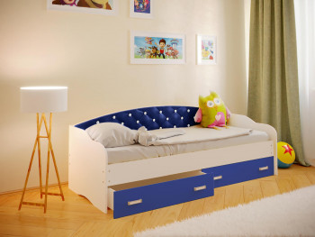 Кровать Софа-7 с мягкой спинкой со стразами (800х1900) Белый/Синий в Оби - ob.mebel54.com | фото