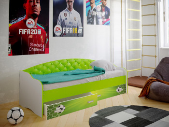 Кровать Софа-8 с мягкой спинкой фотопечать Футбол (900х1900) Белый/Лайм в Оби - ob.mebel54.com | фото