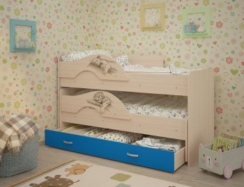 Кровать выкатная Радуга-Сафари детская 1600 Млечный дуб/Голубой в Оби - ob.mebel54.com | фото