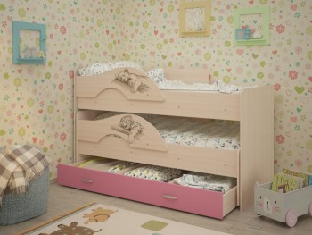 Кровать выкатная Радуга-Сафари детская 1600 Млечный дуб/Розовый в Оби - ob.mebel54.com | фото