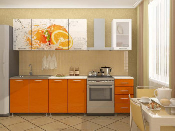 Кухонный гарнитур 1,6м Апельсин (Белый/Оранжевый металлик/Фотопечать апельсин) в Оби - ob.mebel54.com | фото