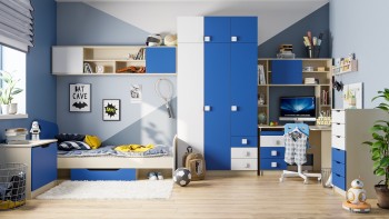 Шкаф 3-х створчатый с ящиками Скай (Синий/Белый/корпус Клен) в Оби - ob.mebel54.com | фото