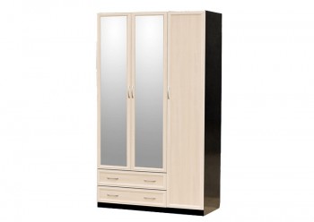 Шкаф для платья и белья 3-х дверный с профилем МДФ с 2 малыми зеркалами Венге/Дуб выбеленный в Оби - ob.mebel54.com | фото
