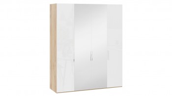 Шкаф комбинированный с 2 глухими и 2 зеркальными дверями «Эмбер» Яблоня Беллуно/Белый глянец в Оби - ob.mebel54.com | фото