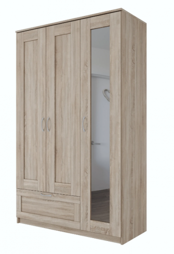 Шкаф трехдверный Сириус с зеркалом и 1 ящиком дуб сонома в Оби - ob.mebel54.com | фото