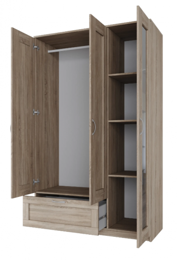 Шкаф трехдверный Сириус с зеркалом и 1 ящиком дуб сонома в Оби - ob.mebel54.com | фото