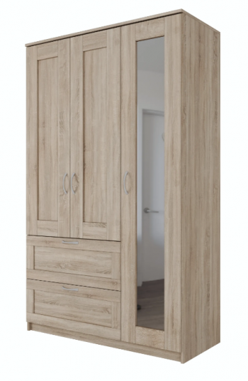 Шкаф трехдверный Сириус с зеркалом и 2 ящиками дуб сонома в Оби - ob.mebel54.com | фото