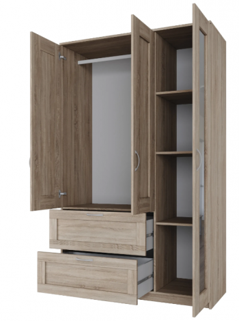 Шкаф трехдверный Сириус с зеркалом и 2 ящиками дуб сонома в Оби - ob.mebel54.com | фото